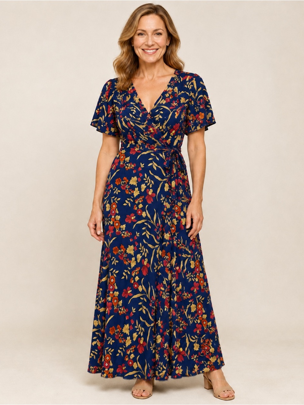 Privacy Please Floral Wrap Maxi Dress Flutter Sleeve S